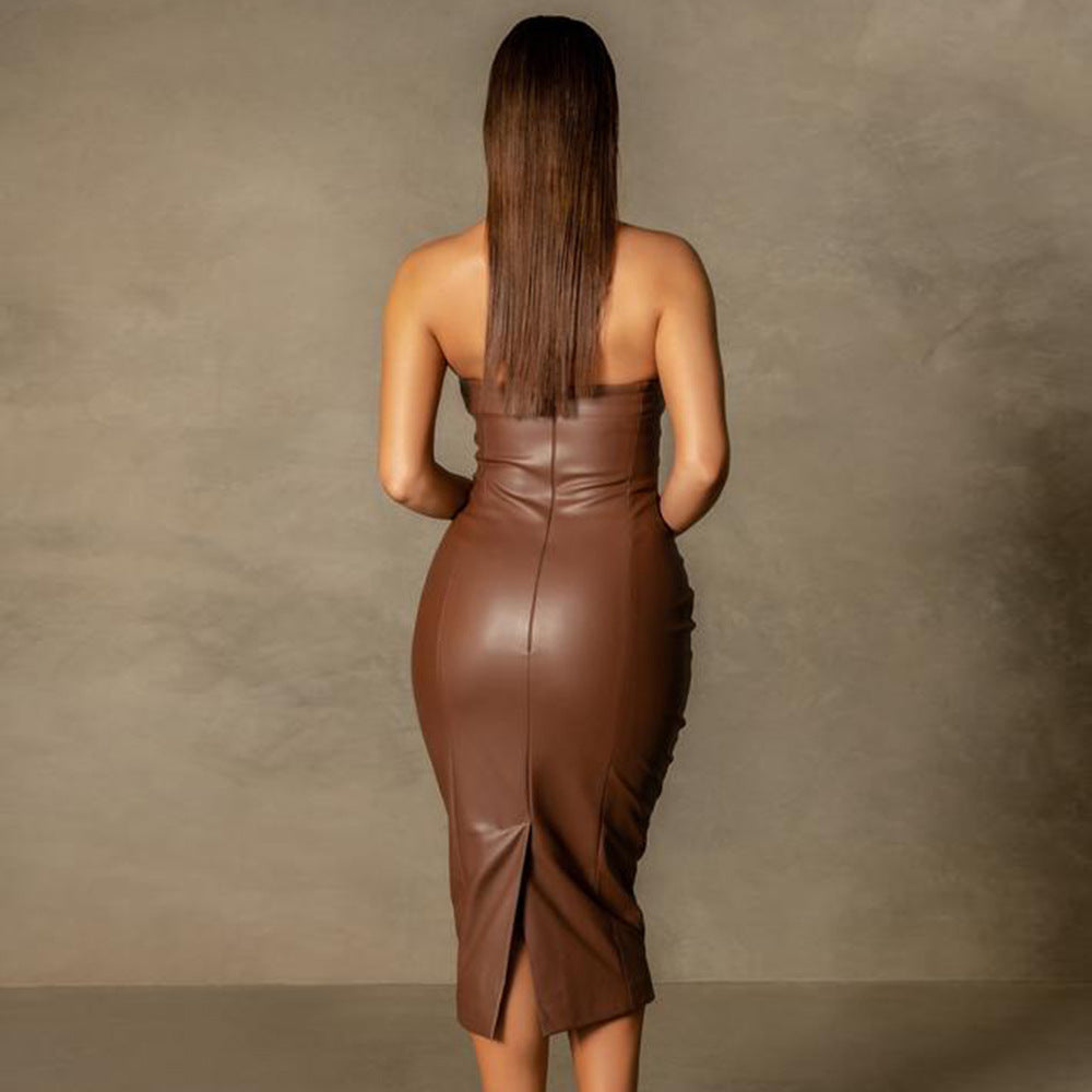 Autumn Winter Solid Color Faux Leather Elegant Slim-Fit Tube Top Back Slit Sexy Midi Dress by Ragazza