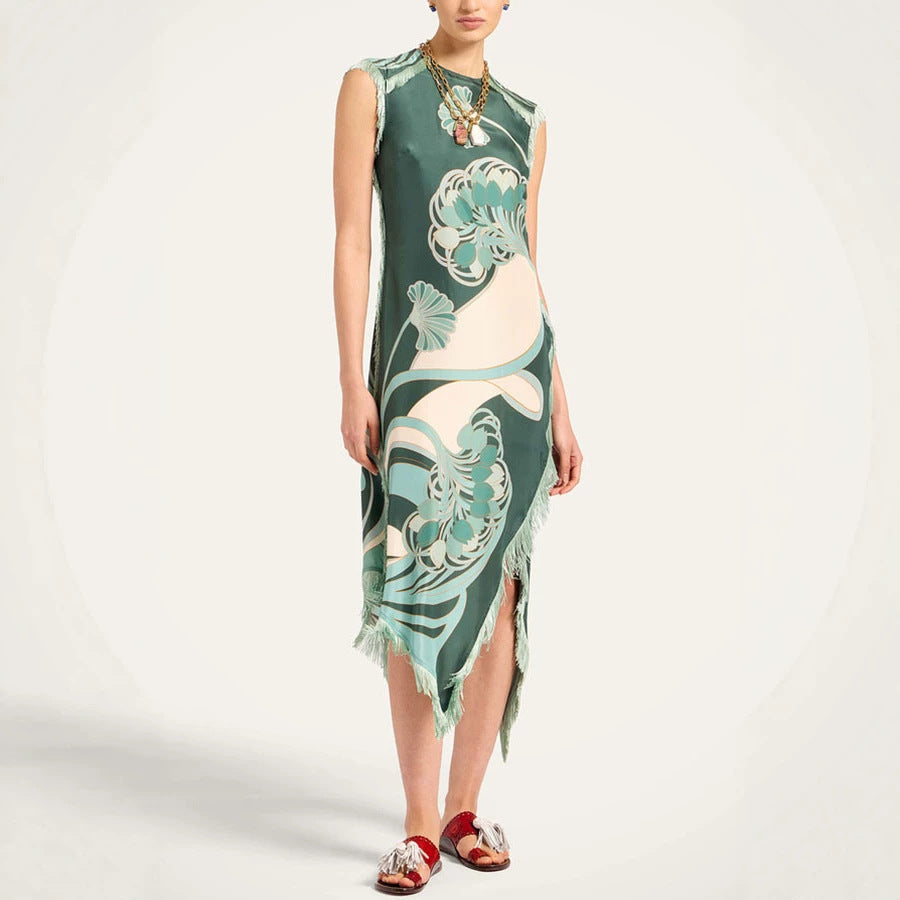 Tassel Positioning Printed Dress Satin Sleeveless Holiday Dress DestGlow
