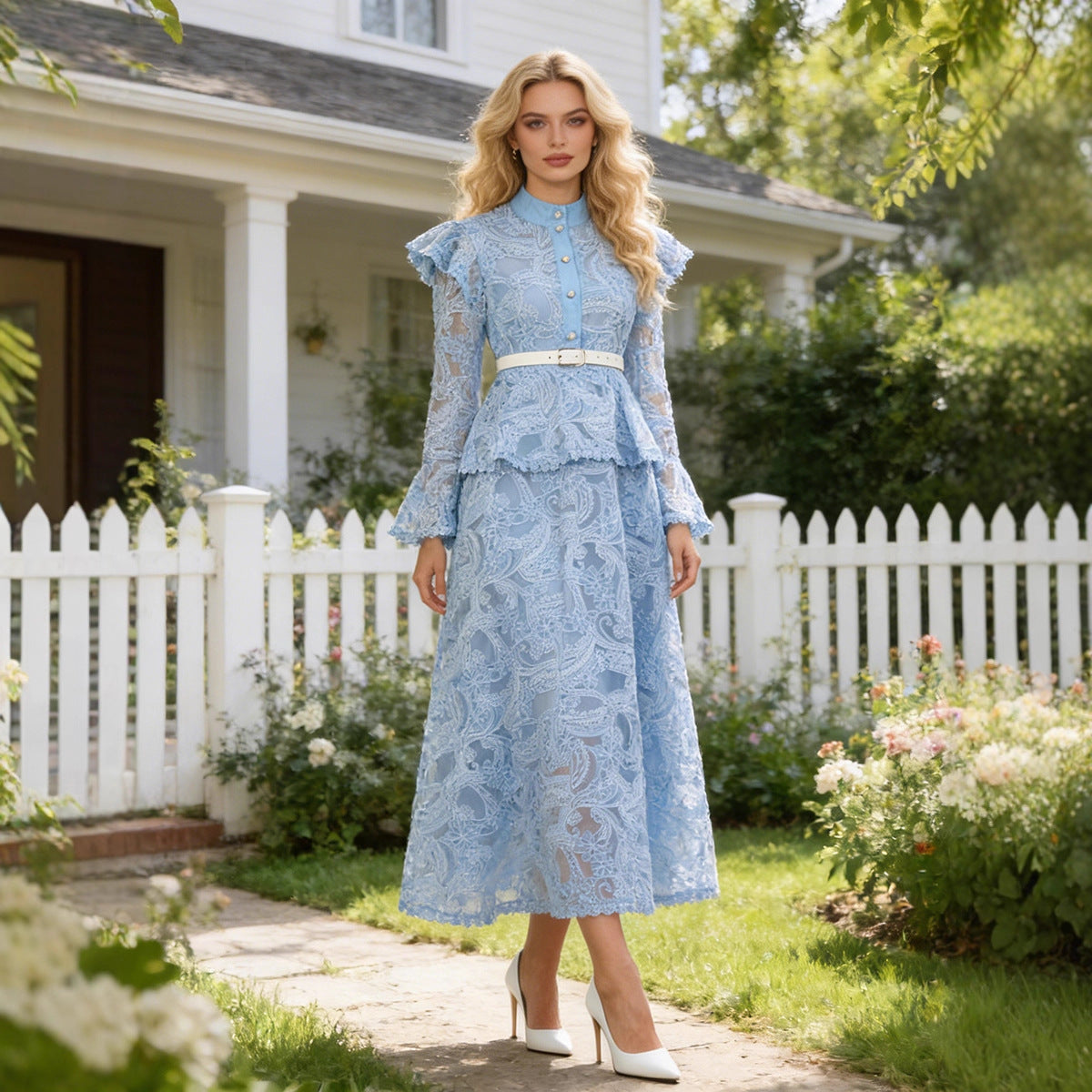 Spring French Cutout Lace Stitching Court Waist Slimming Elegant Dress for Women by Ragazza