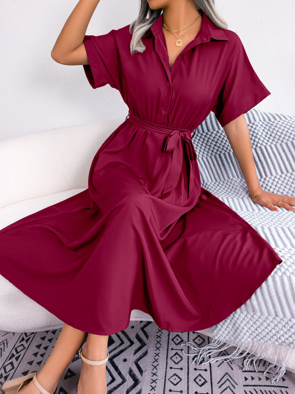Summer Casual Loose Solid Color Tied Shirt Dress Maxi Dress Women Clothing by Ragazza