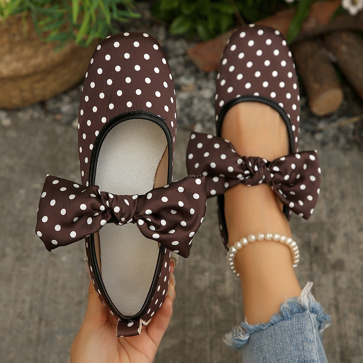 Black White Polka Dot Shallow Mouth Pumps Women Bow Mary Jane Ballet Breathable Boat Shoes DestGlow