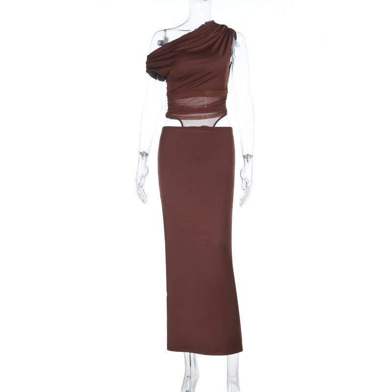 Off Shoulder Mesh Stitching Hollow Out Cutout Dress Women Sexy Slim Fit Maxi Dress by Ragazza