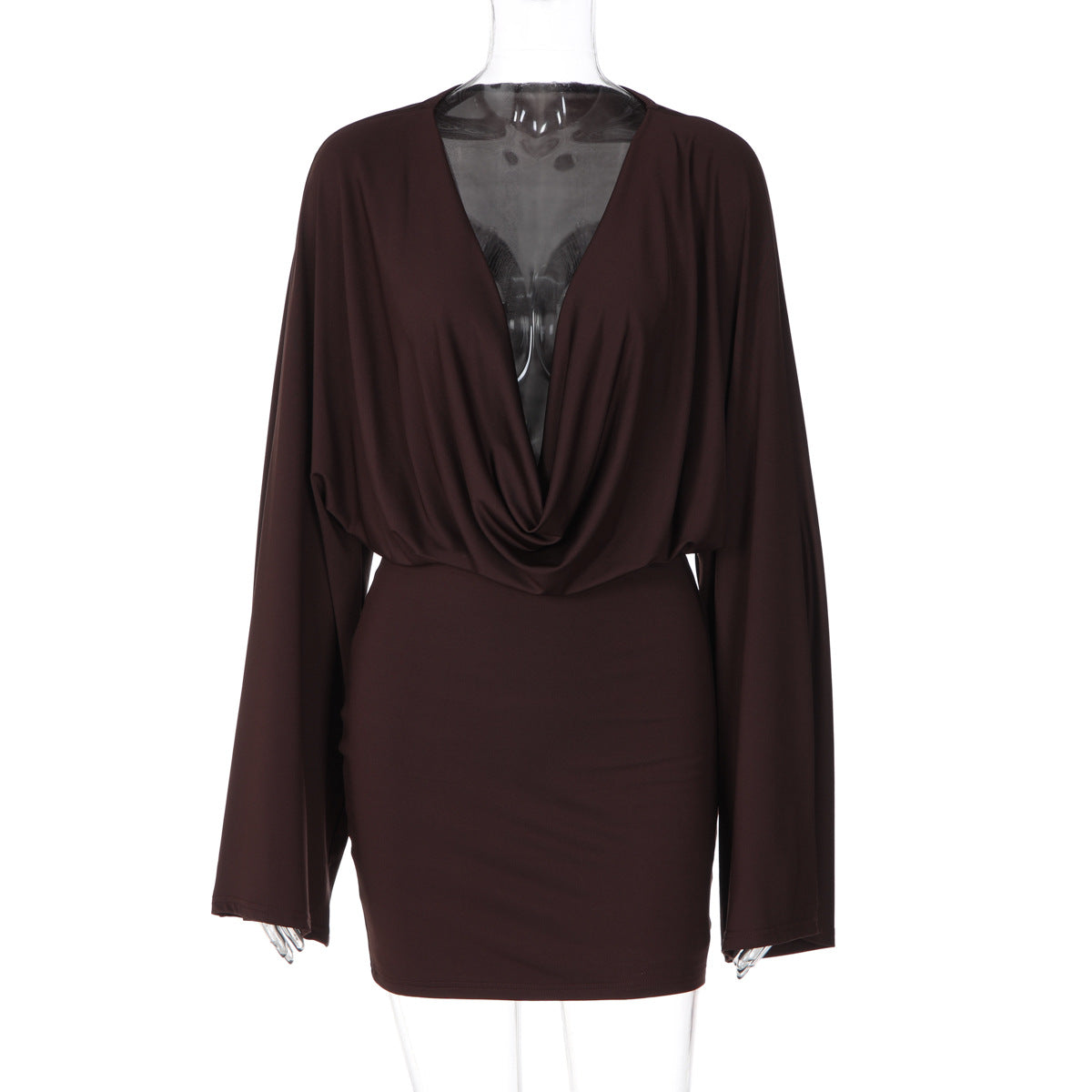 Women Sexy Low Cut Deep V Plunge neck Solid Color Long Sleeve Waist Slimming Sheath Dress DestGlow
