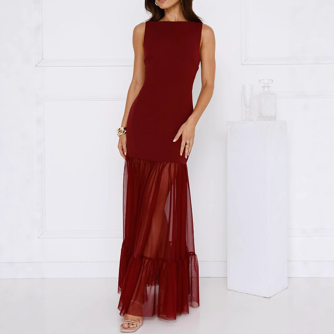 Summer Women Sleeveless Mesh Stitching Tight Sheath Transparent Backless Women Summer Dress by Ragazza