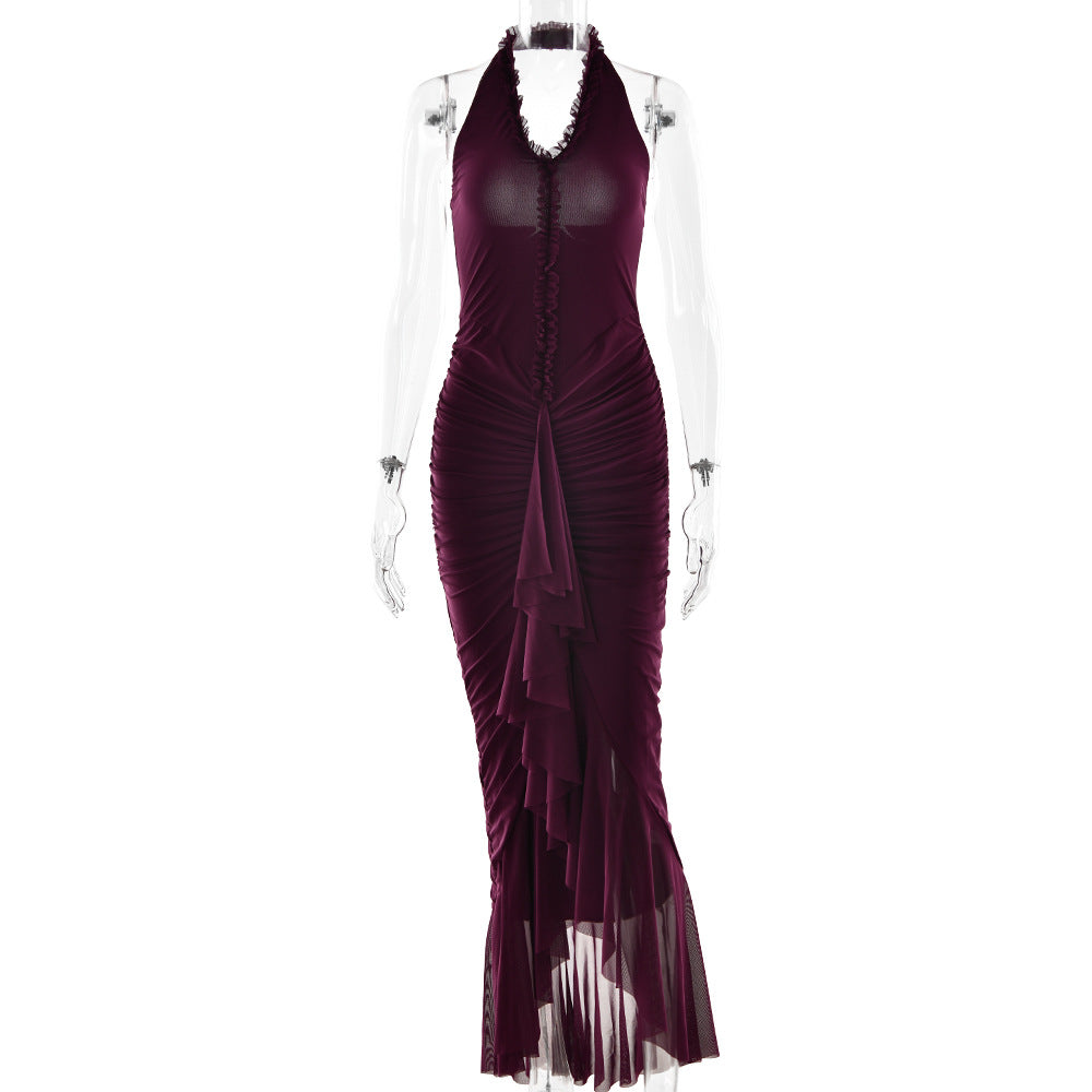 Arrival Sexy Halter Dress Summer Deep V Plunge Ruffled Slit Pleated Dress by Ragazza