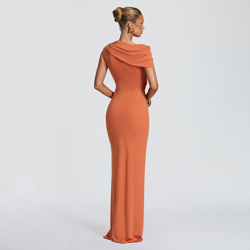 Women Clothing Summer Solid Color Casual One Shoulder Short Sleeve Lace Up Hollow Out Cutout Out Slim Fit Maxi Dress DestGlow