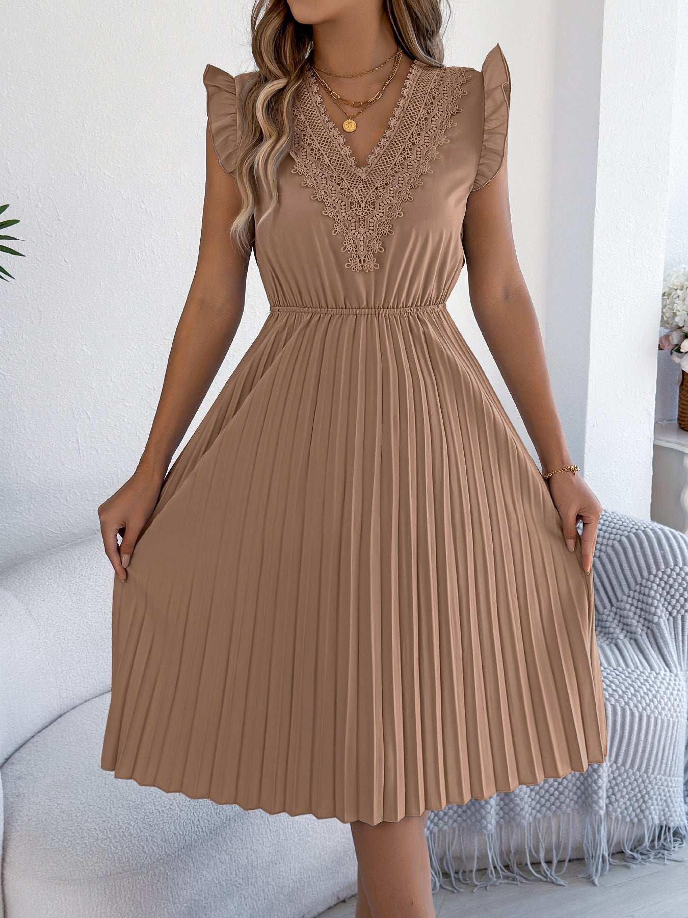 Women Clothing Spring Summer Casual Lace V neck Wooden Ear Cinched Pleated Dress by Ragazza