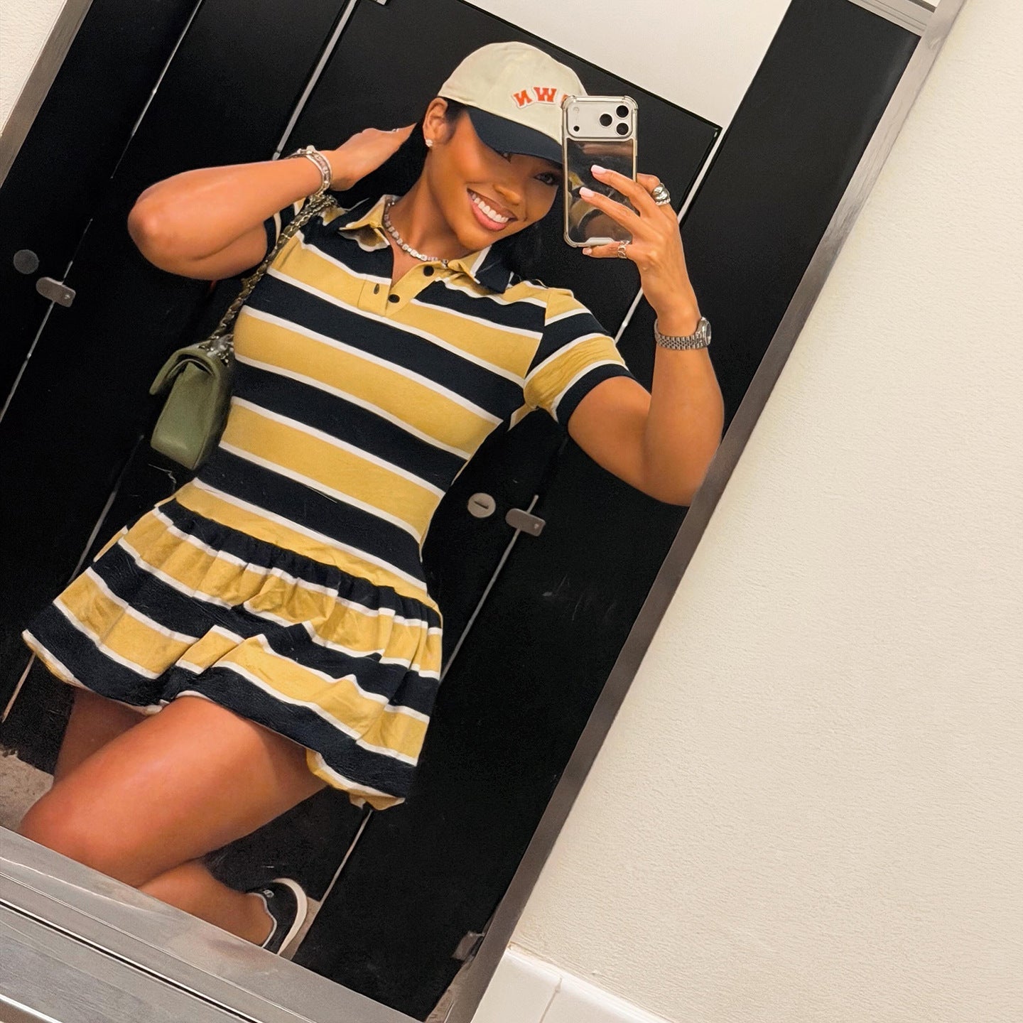 Summer Women Clothing Polo Collar Vintage Stripe Sports Short Sleeve Dress DestGlow
