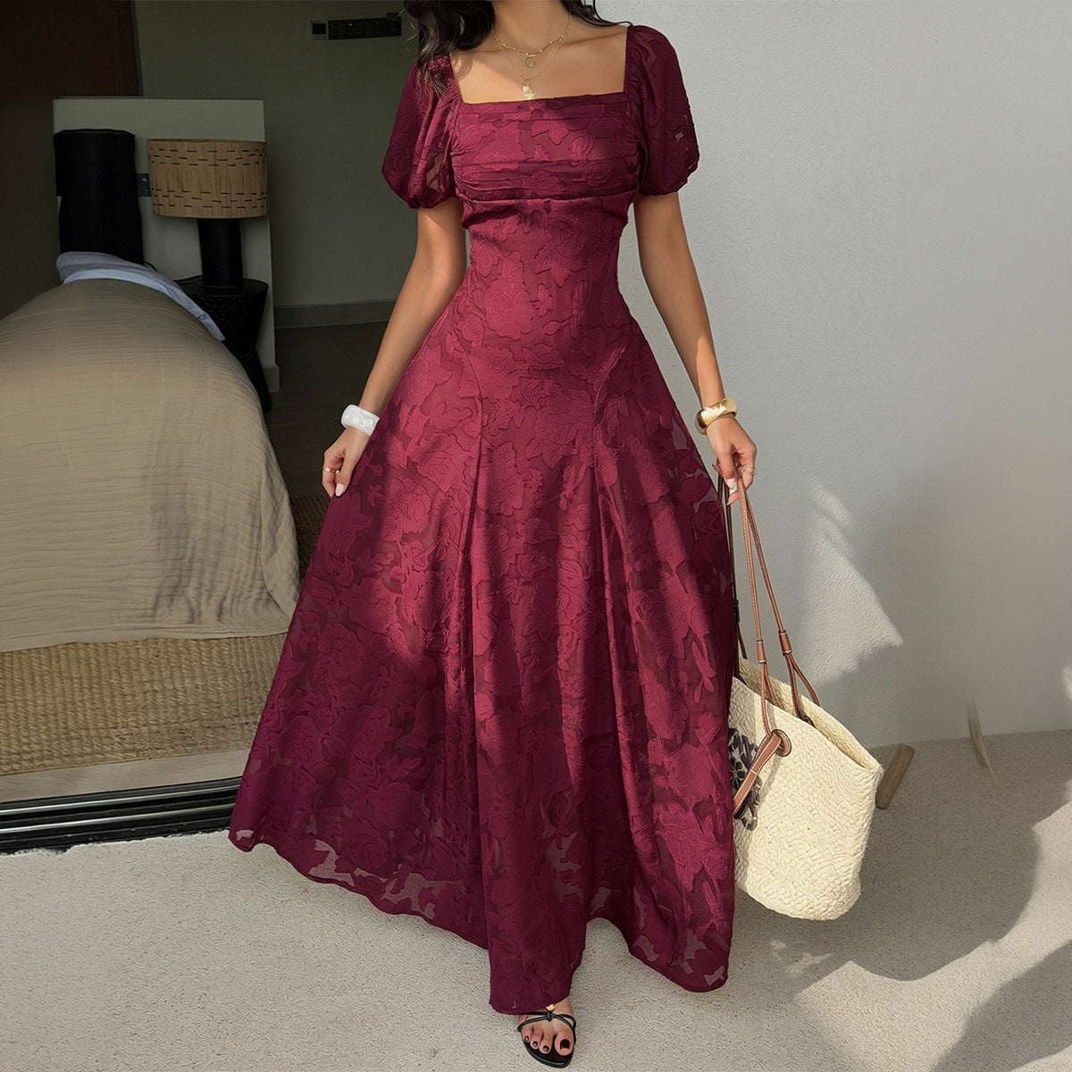 Retro Square Collar Puff Sleeve Jacquard Waist Dress Women Clothing Summer DestGlow