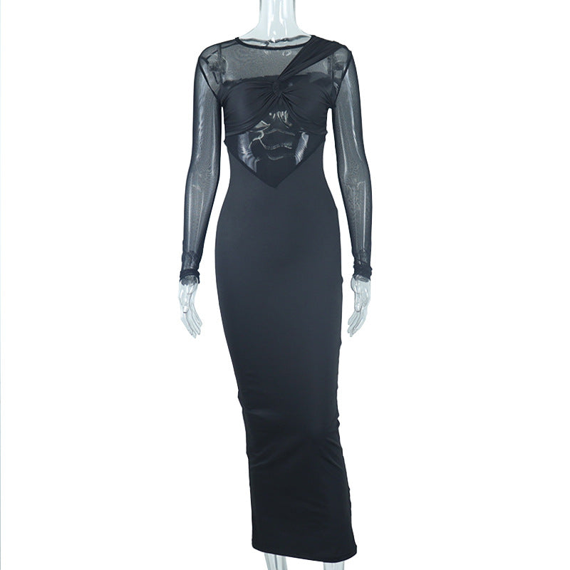 Women Clothing round Neck Mesh Stitching Long Sleeves Mid Length Tight Dress by Ragazza