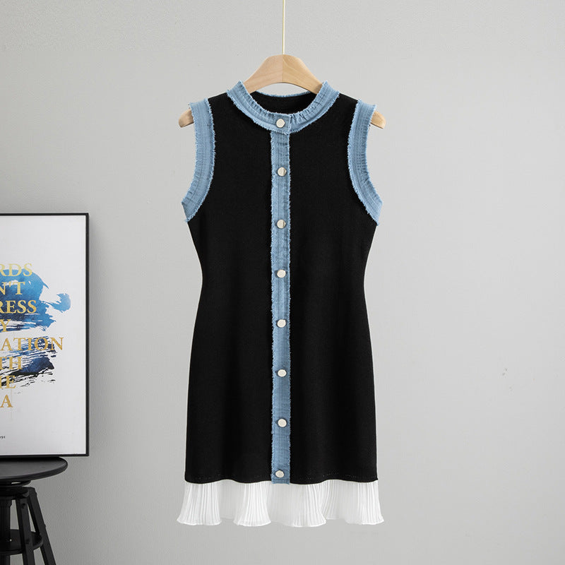 Summer French Youthful-Looking Stitching Contrast Color Frayed Waist Slimming Pleated Vest Dress DestGlow