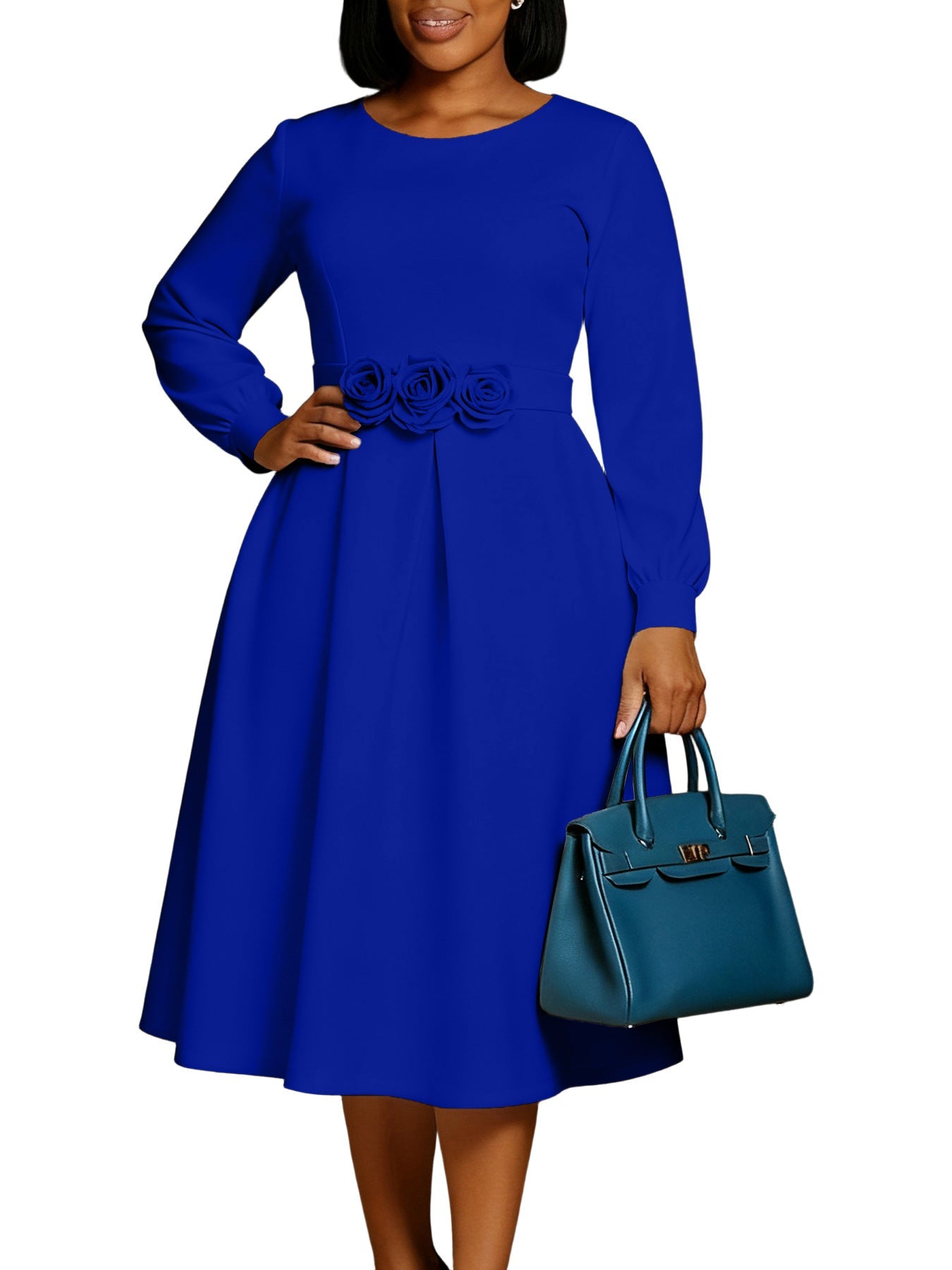 Women Clothing Autumn Winter Dress Solid Color round Neck Floral Swing Dress by Ragazza