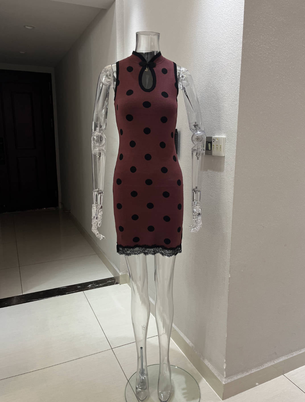 Summer Mid Polka Dot Contrast Color Lace Stitching Dress Stand Collar Sleeveless Sexy Casual Shaped Short Dress Women DestGlow