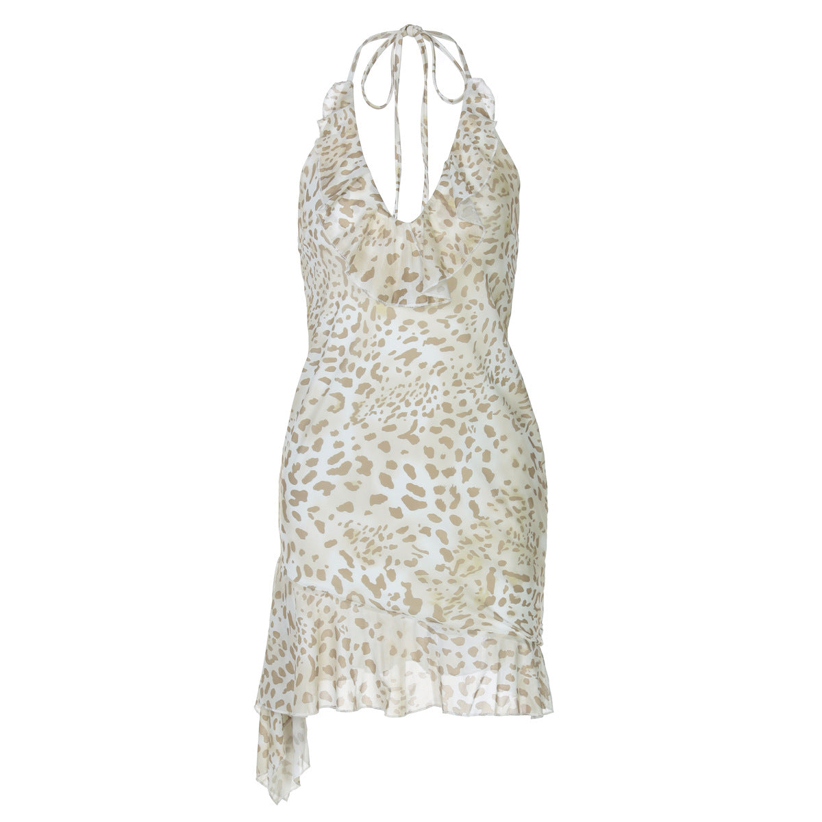 Summer Sexy Leopard Print Printed Sexy Deep V Plunge Sheath Wooden Ear Halter Dress Women by Ragazza