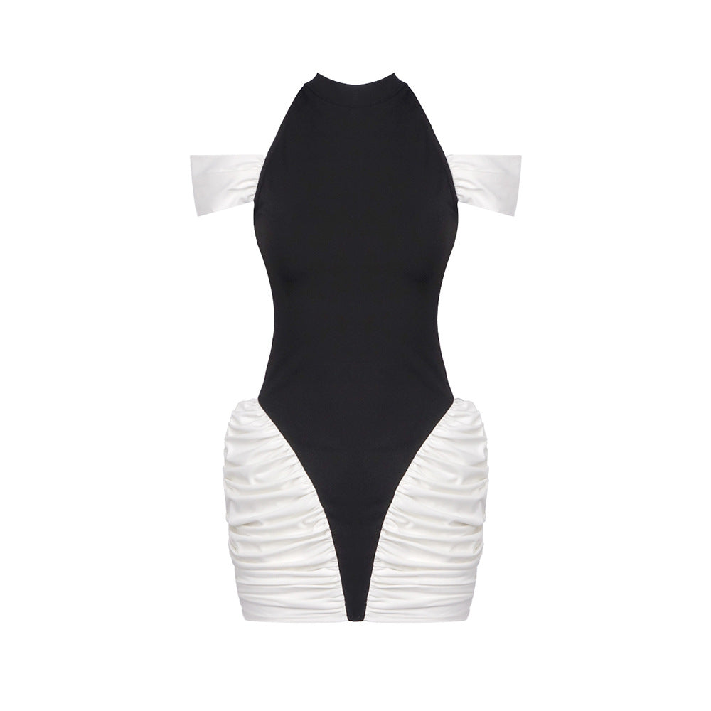 Summer Women Clothing Color Contrast Patchwork Sexy Hourglass Pleated Halter Dress Sleeveless Dress by Ragazza