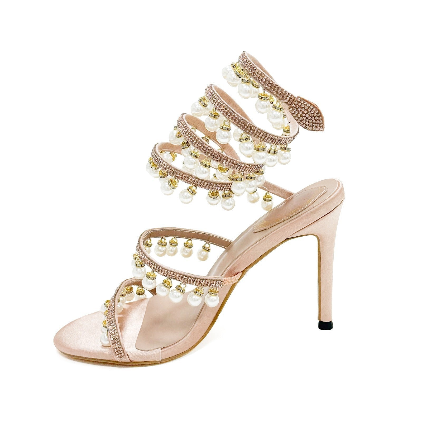Black White Champagne 10cm Stiletto Heel Small round Toe Rhinestone Pearl High Heel Women Sandals Summer Heels DestGlow