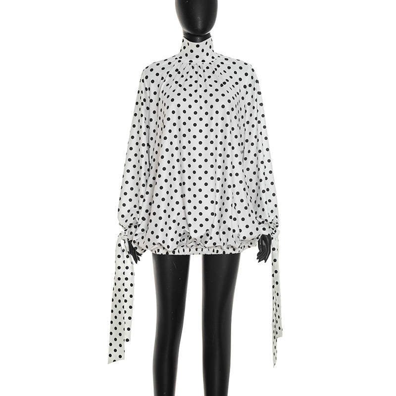 Women Clothing Autumn Casual Polka Dot Printed Round Neck Drawstring Long Sleeve Ribbon Short Dress DestGlow