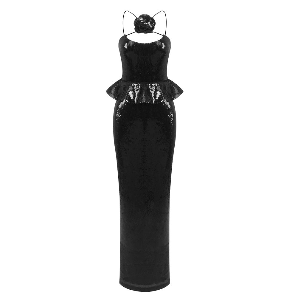 Charming Long Sheath Slim Fit Black Sequ Dress Spring Wear by Ragazza