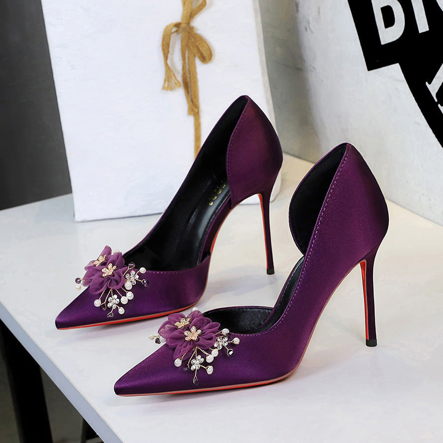 French Fengshui Diamond Floral Party Shoes Pointed Toe Side Empty Red Background Slip on Stiletto Satin Pumps DestGlow