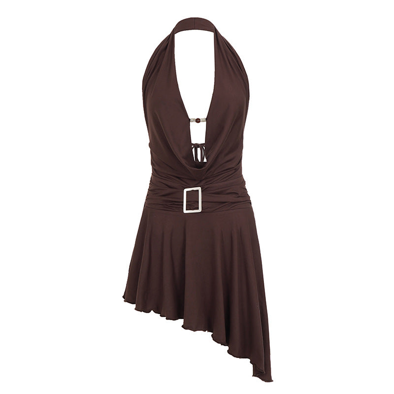 Party Short Sexy Swing Collar Halter Backless Beaded Japanese Buckle Waist Tight Irregular Asymmetric Dress Nightclub Sexy DestGlow