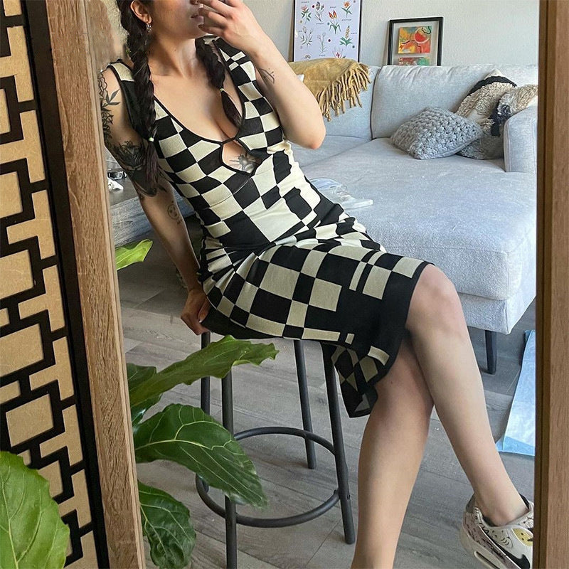 Maillard Summer Women Clothing Low Cut V neck Sexy Hollow Out Cutout out Sleeveless Vest Plaid Knitted Dress DestGlow