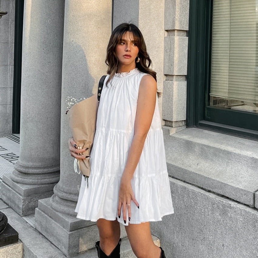 Spring Summer All Match White Elegant Dress round Neck Sexy Bow Lace up Elegant Loose Short Women Clothing by Ragazza