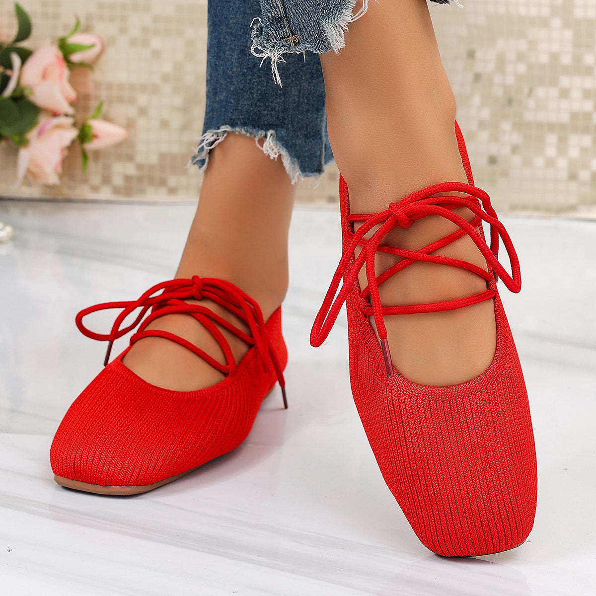 Arrival Square Toe Mary Jane Low Top Shoes Women Summer Flyknit Shallow Mouth Flat Bottom Lace up Boat Shoes