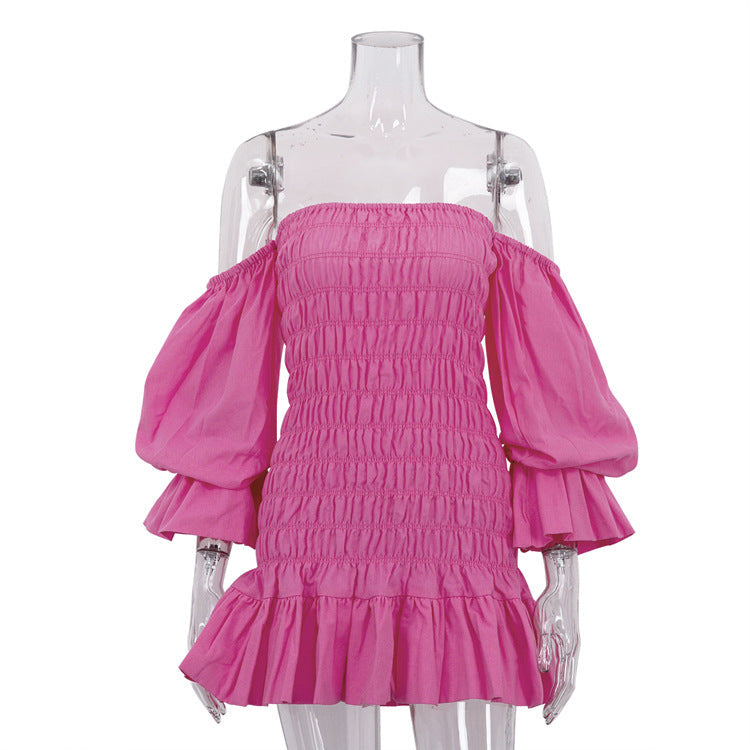 Women Clothing Pink off Shoulder Tube Top Dress Pleated Ruffled Puff Sleeve Backless by Ragazza