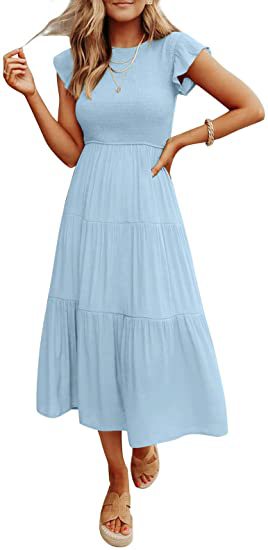 Women Clothing Popular Pinfei Flounced Sleeve Pleating Layered Short Sleeve Large Swing Dress by Ragazza