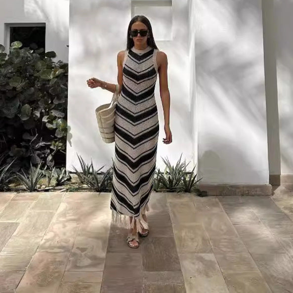 Sexy Tight Striped Tassel Knitted Dress Women Sleeveless Summer Midi Dress by Ragazza