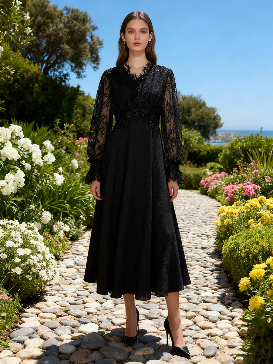 Lace Long Sleeve Elegant Dress Autumn High Sense V neck Waist Controlled Slimming Dress Women by Ragazza