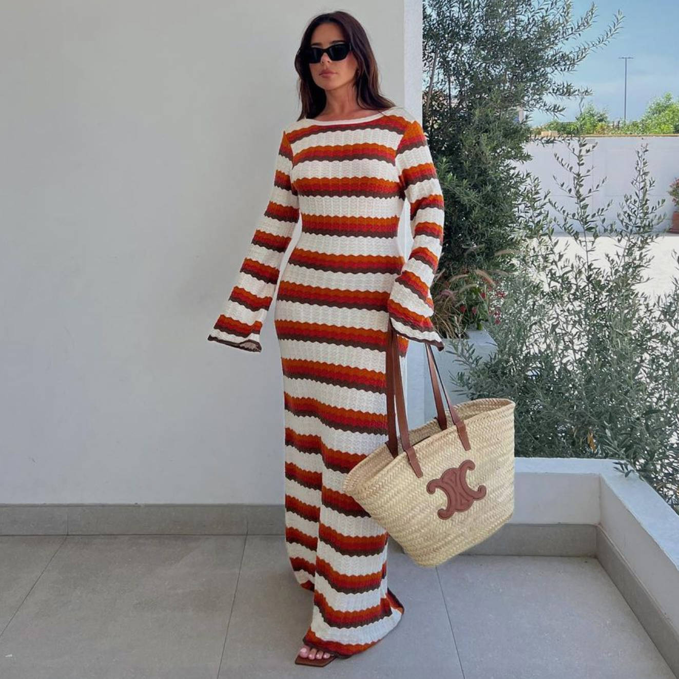 Striped Contrast Color Beach Vacation Sexy Dress Knitted Hollow Out Cutout Maxi Dress Blouse Summer Women by Ragazza