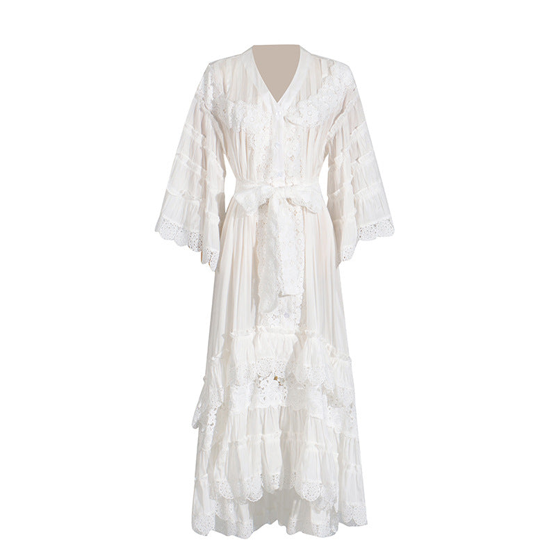 Bohemian Irregular Asymmetric Maxi Dress V neck Bell Sleeve Machine Embroidery Tied Dress Women Summer by Ragazza