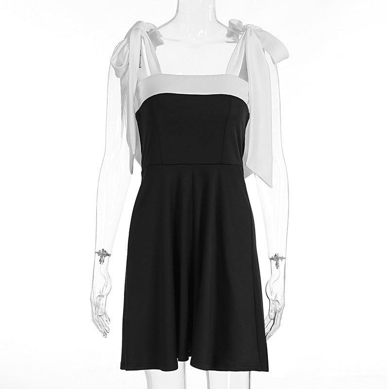 Summer Women Clothing Elegant Stitching Lace up Square Neck Cinched Slimming Dress by Ragazza