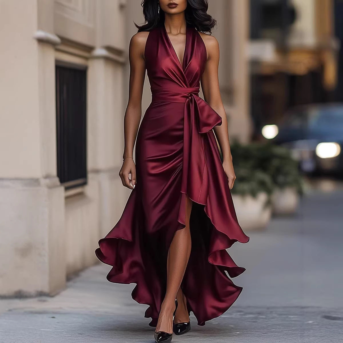 Satin Deep V Plunge neck Sleeveless Waist Trimming Ruffles Elegant Dress for Women by Ragazza