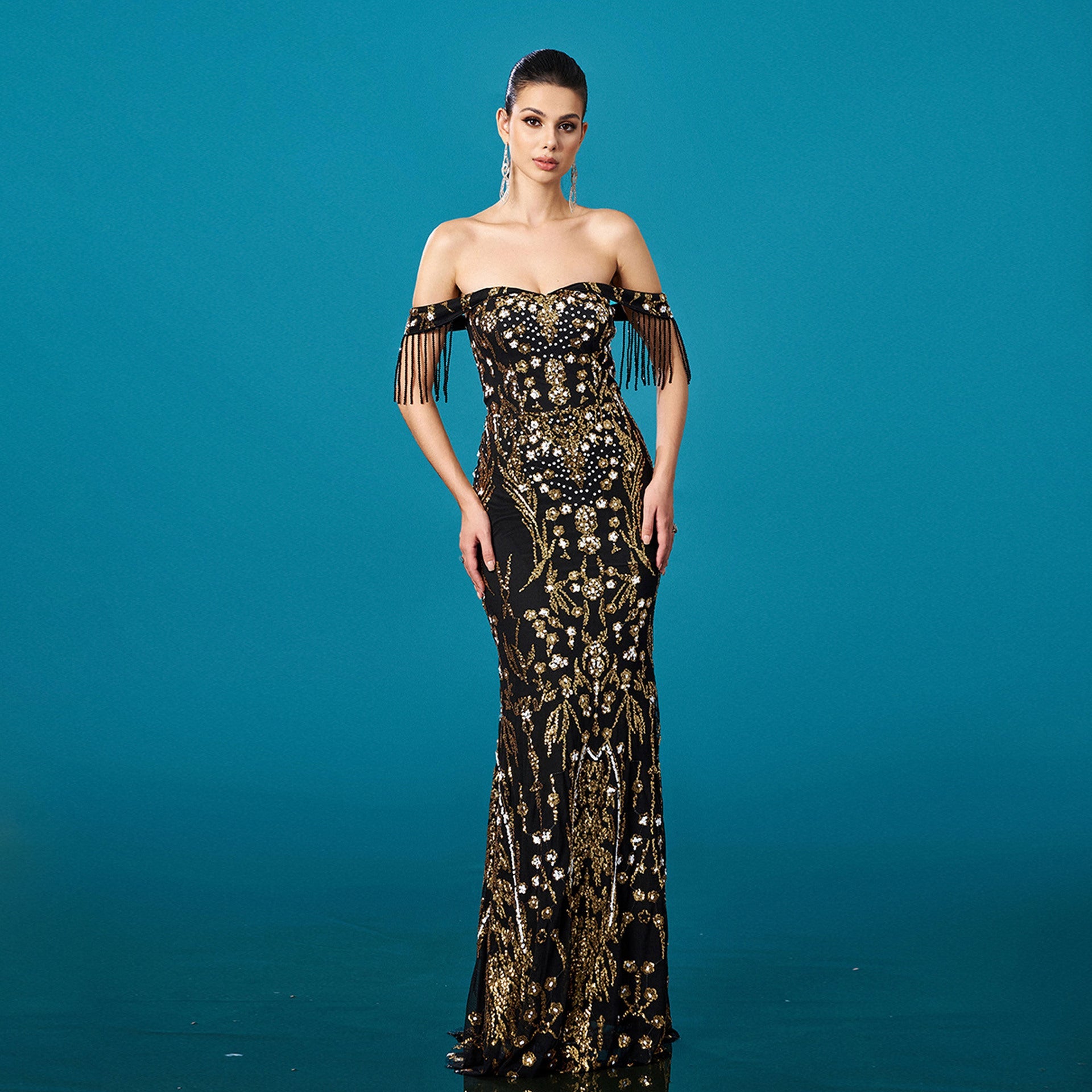 Women Clothing High Grade off Neck Tassel Sequined Fishtail Evening Dress Cocktail Dress Women by Ragazza