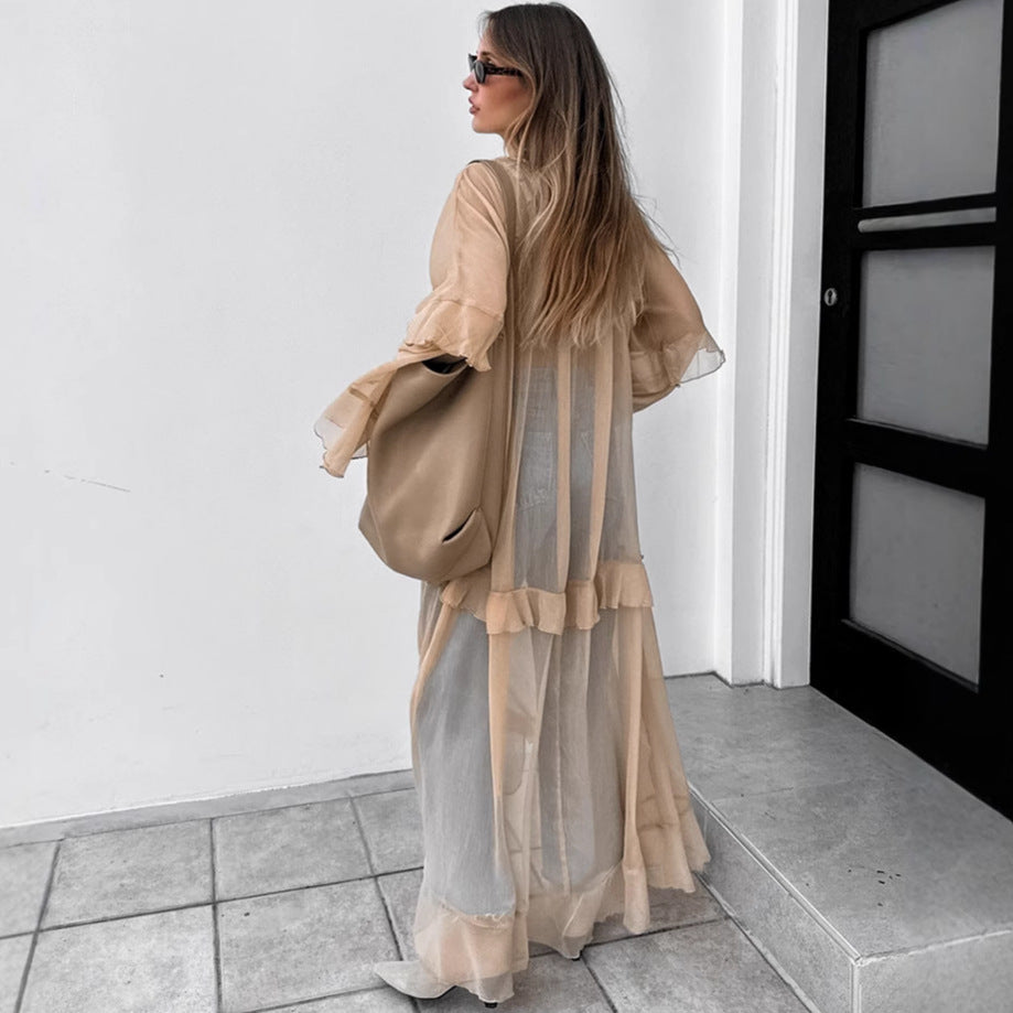 Khaki Autumn Winter Batwing Sleeve Dress Sun Protective Blouse Maxi Dress for Women by Ragazza