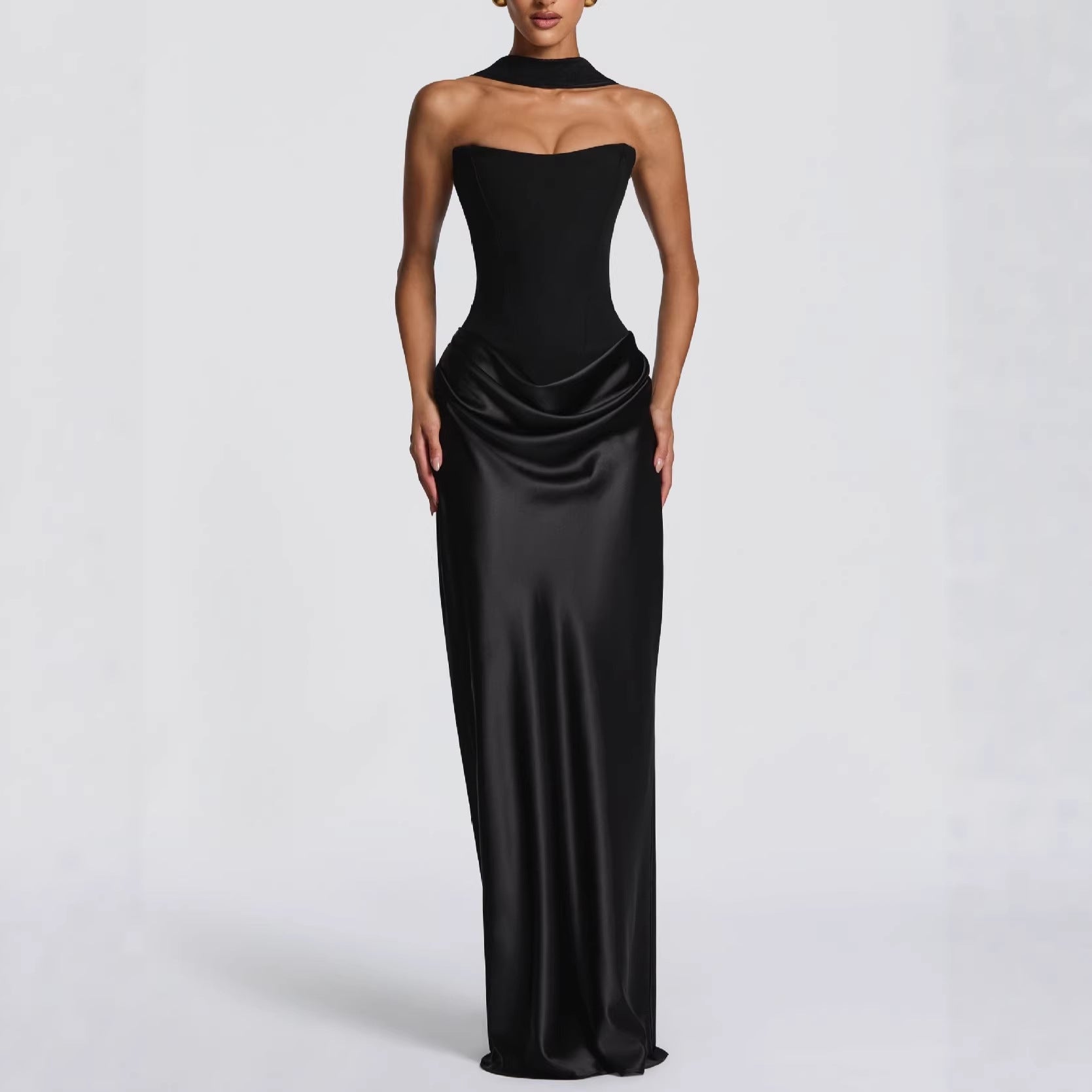 Solid Color Waist Tight Sexy Tube Top Package Hip Maxi Dress Satin Lace up Ribbon Dress DestGlow