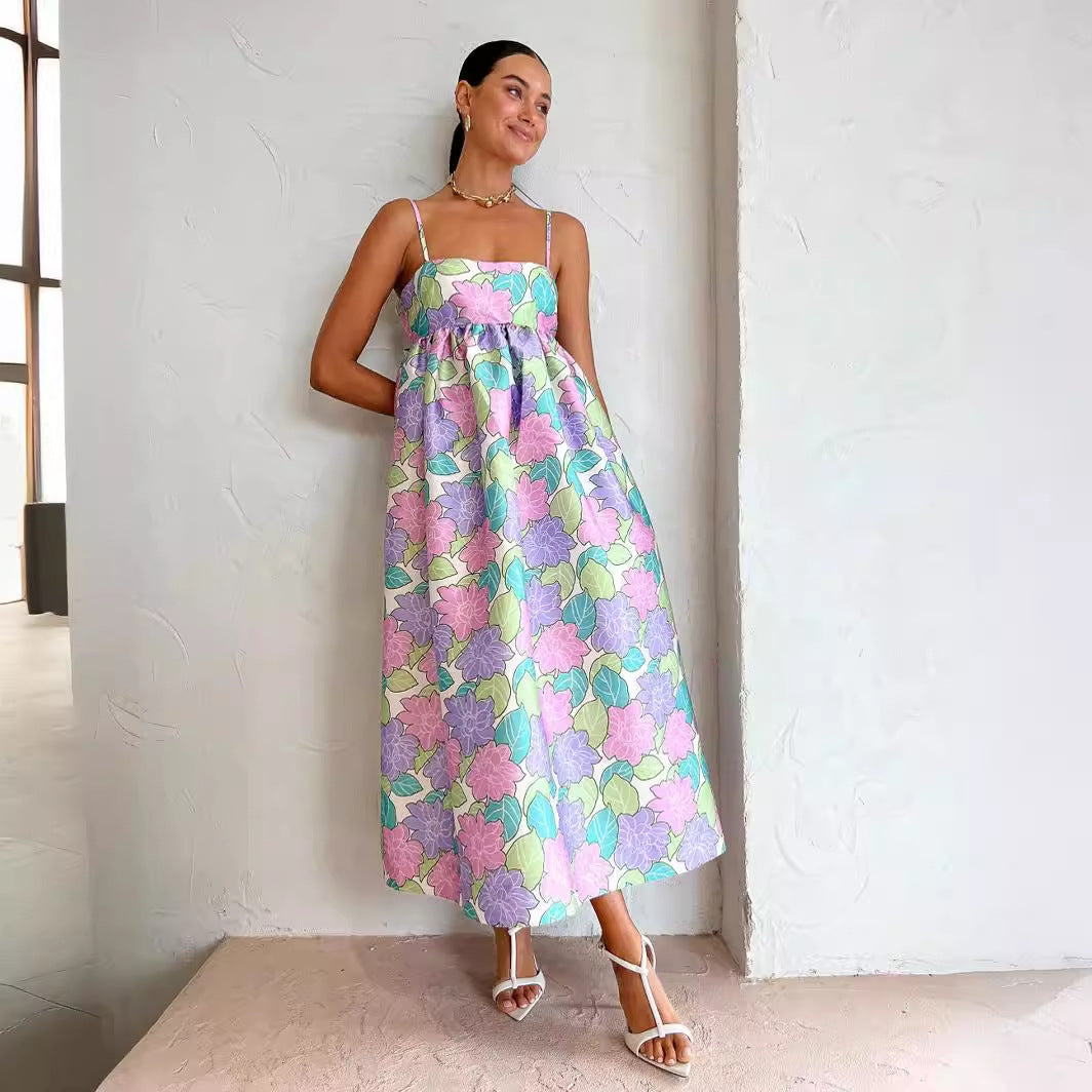 Casual Elegant Printed Sling Loose Sleeveless Backless Large Swing Dress by Ragazza