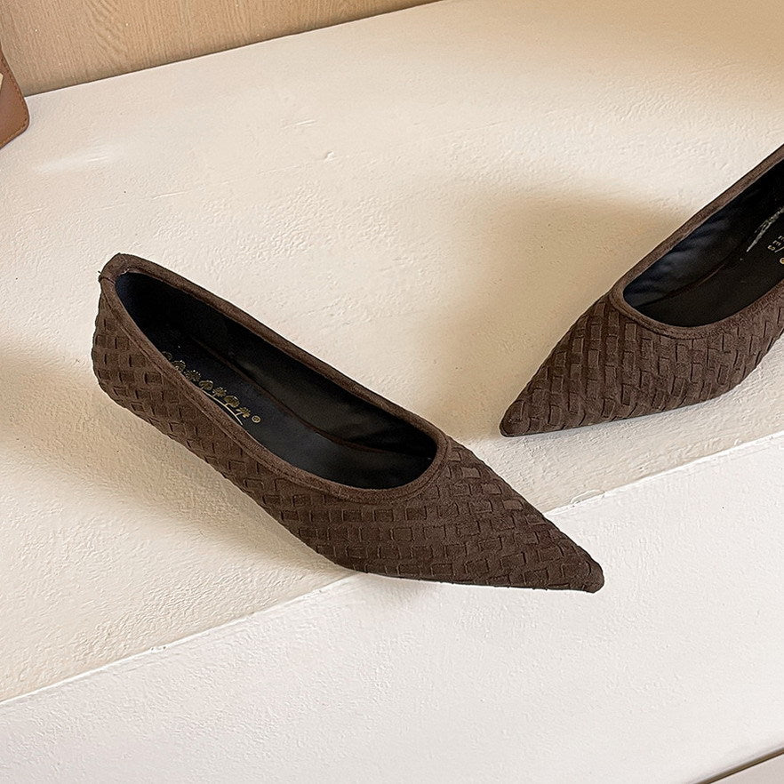 Professional Low Heel Comfortable Women Shoes Woven Suede Pointed Slip on Shallow Mouth Pumps DestGlow