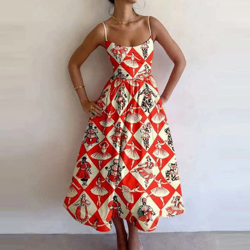 Spring Women Clothing Printing Pleated Waist Tight Large Swing Sling Dress by Ragazza