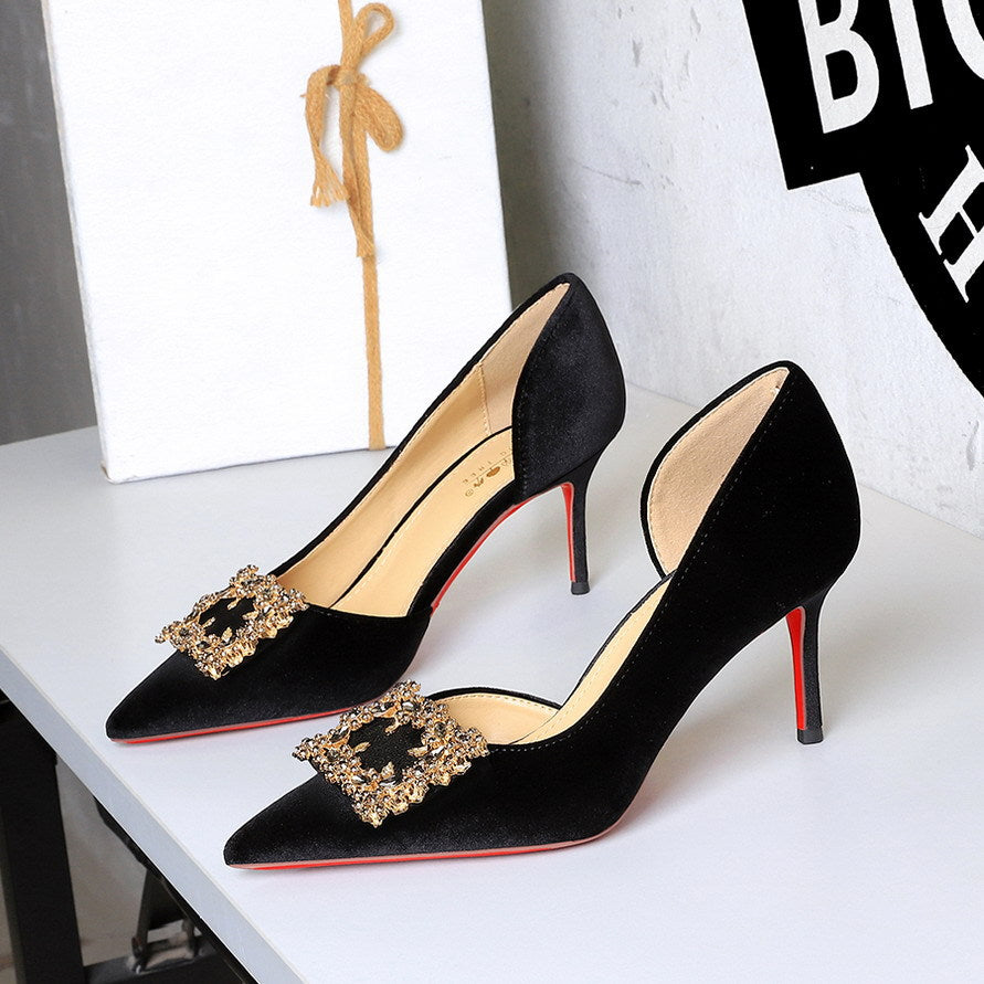 Women Super High Heel Sexy Pointed Toe Rhinestone Square Buckle Stiletto Women Shoes DestGlow