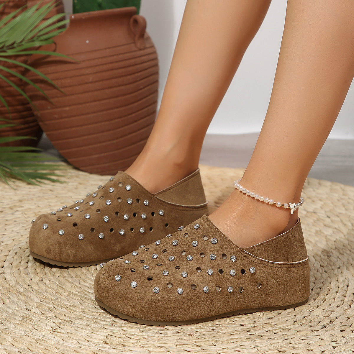 Rhinestone Hollow Out Cutout Boken Toe Cap Low Top Shoes Women Summer Casual Thick Bottom Lazy Semi Slippers DestGlow
