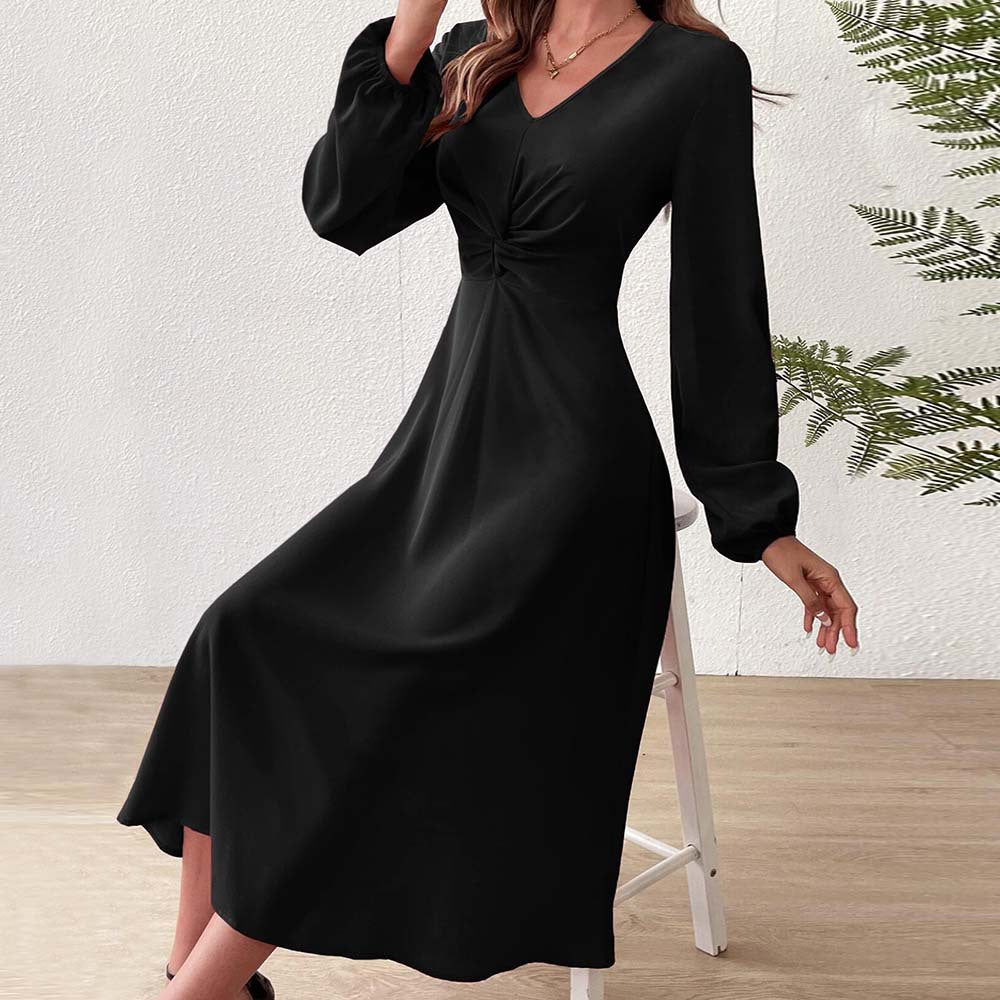 French Adult Lady like Woman V neck Dress Autumn Winter Elegant Elegant A line High Waist Midi Dress by Ragazza