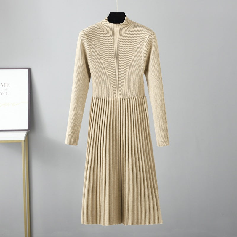 Autumn Winter Dress Solid Color Half Collar Thick below the Knees Mid Length Tight Waist Dress Soft Soft by Ragazza