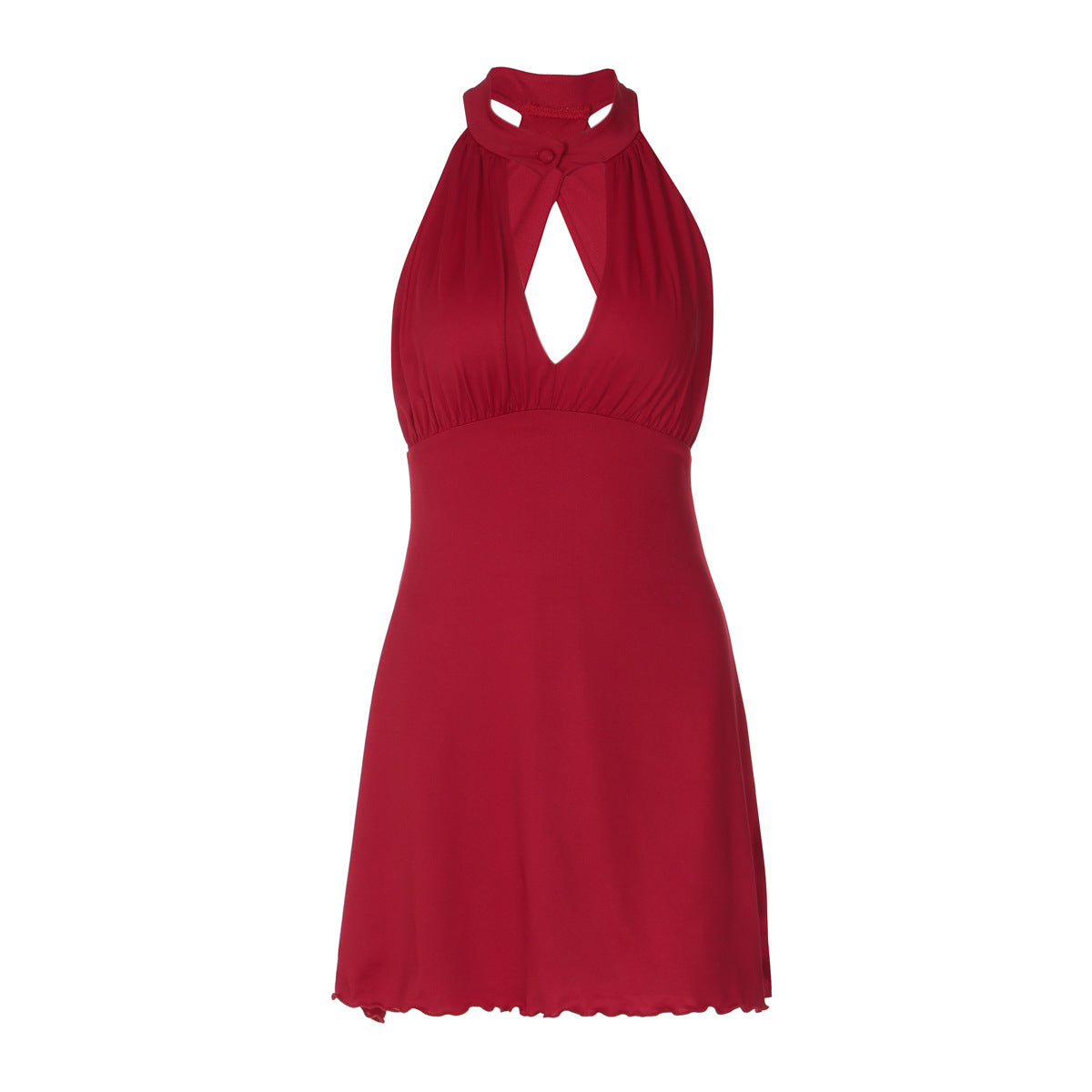 Women Clothing Spring Sexy Scarf Button Low Cut Back Hollow Out Cutout out Halter Wave Edge Dress by Ragazza