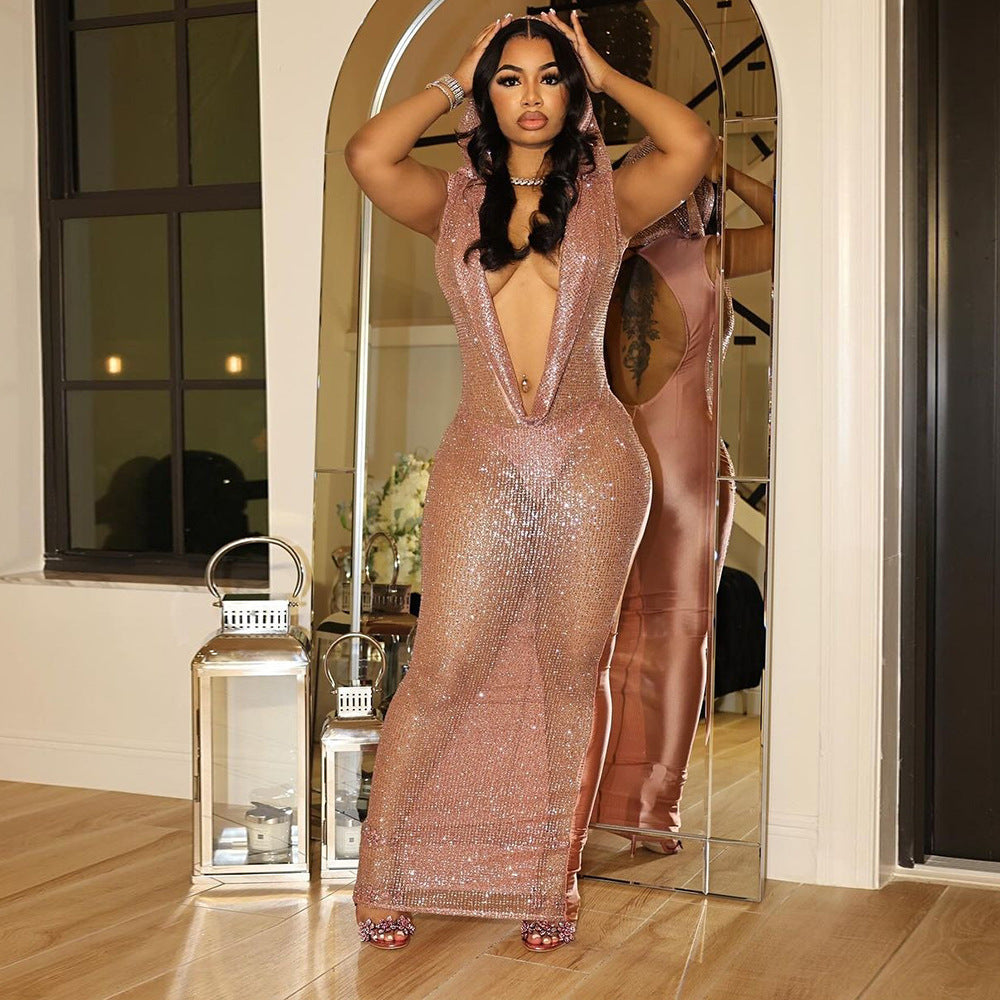 Sexy Deep V Plunge See through Sequined Maxi Dress Women by Ragazza