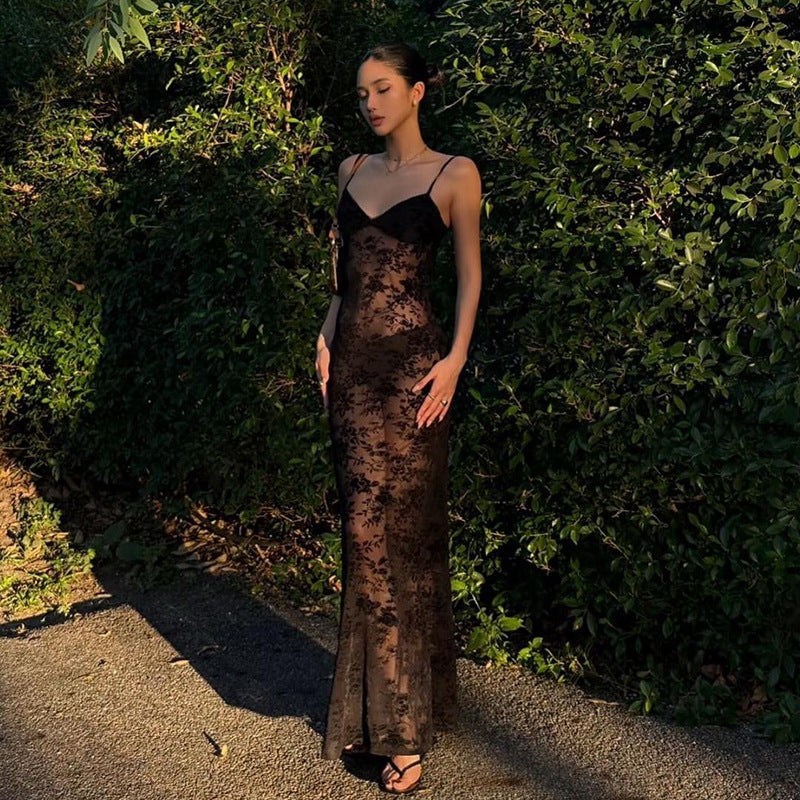 Spring Summer Women Mesh Sexy See through V neck Backless Slim Fit Sling Dress by Ragazza