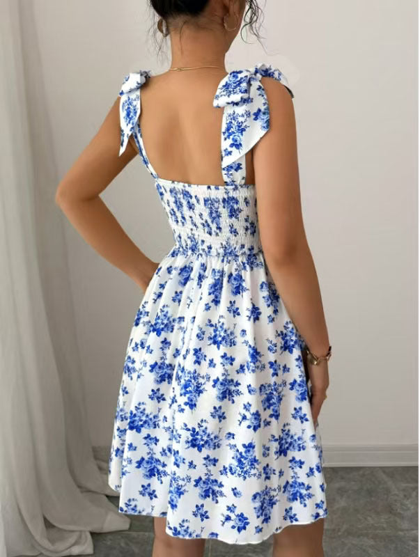 Women Clothing Floral Print High Waist Lace up Sweet A line Large Hem Dress by Ragazza