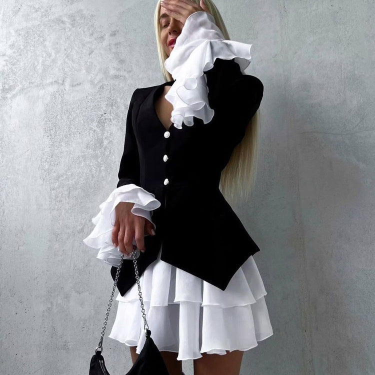 Women Clothing Black White Color Contrast Short Dress V neck Flared Sleeves Elegant A line Dress by Ragazza